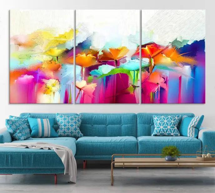 The space is beautifully adorned with the "Abstract Flower" triptych, gallery-wrapped on museum-quality polycotton canvas, creating a cozy setting.