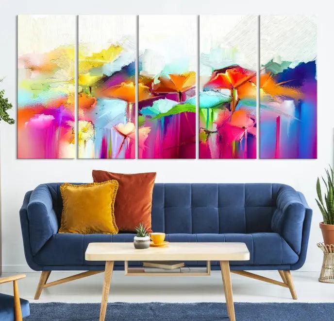 The space is beautifully adorned with the "Abstract Flower" triptych, gallery-wrapped on museum-quality polycotton canvas, creating a cozy setting.