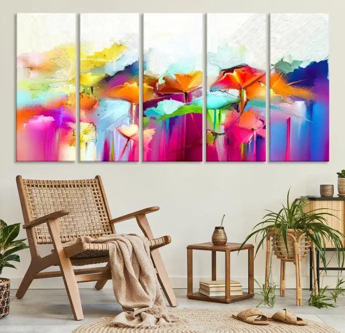 The space is beautifully adorned with the "Abstract Flower" triptych, gallery-wrapped on museum-quality polycotton canvas, creating a cozy setting.