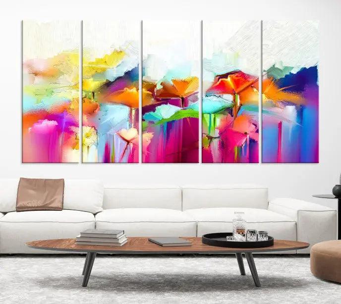 The space is beautifully adorned with the "Abstract Flower" triptych, gallery-wrapped on museum-quality polycotton canvas, creating a cozy setting.