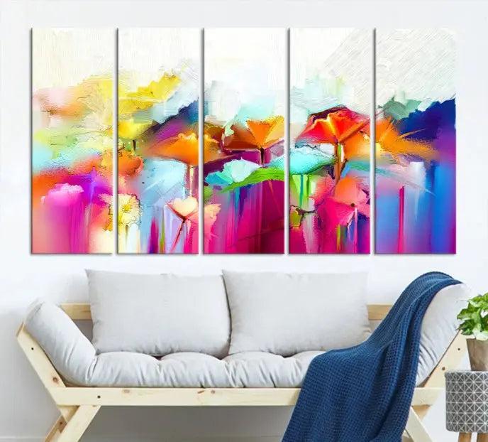 The space is beautifully adorned with the "Abstract Flower" triptych, gallery-wrapped on museum-quality polycotton canvas, creating a cozy setting.