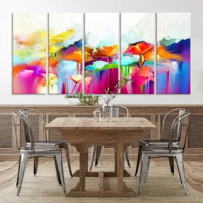 The space is beautifully adorned with the "Abstract Flower" triptych, gallery-wrapped on museum-quality polycotton canvas, creating a cozy setting.