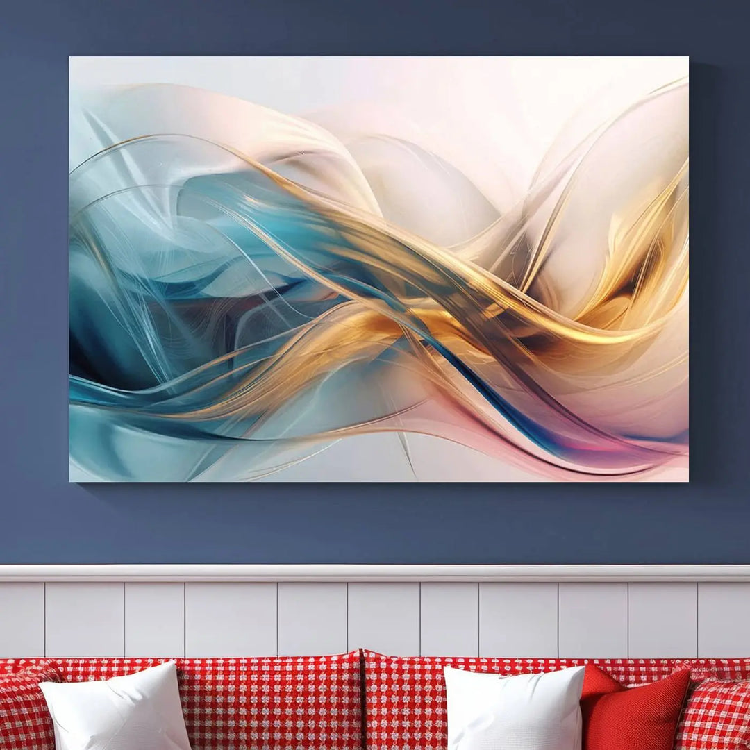 The Abstract Flowing Colors Wall Art, featuring swirling lines in blue, gold, and pink, brings a touch of modern elegance to the space. It's ideal for those who appreciate contemporary decor and want to make a bold statement.