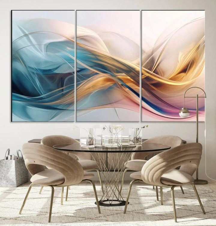 The Abstract Flowing Colors Wall Art, featuring swirling lines in blue, gold, and pink, brings a touch of modern elegance to the space. It's ideal for those who appreciate contemporary decor and want to make a bold statement.