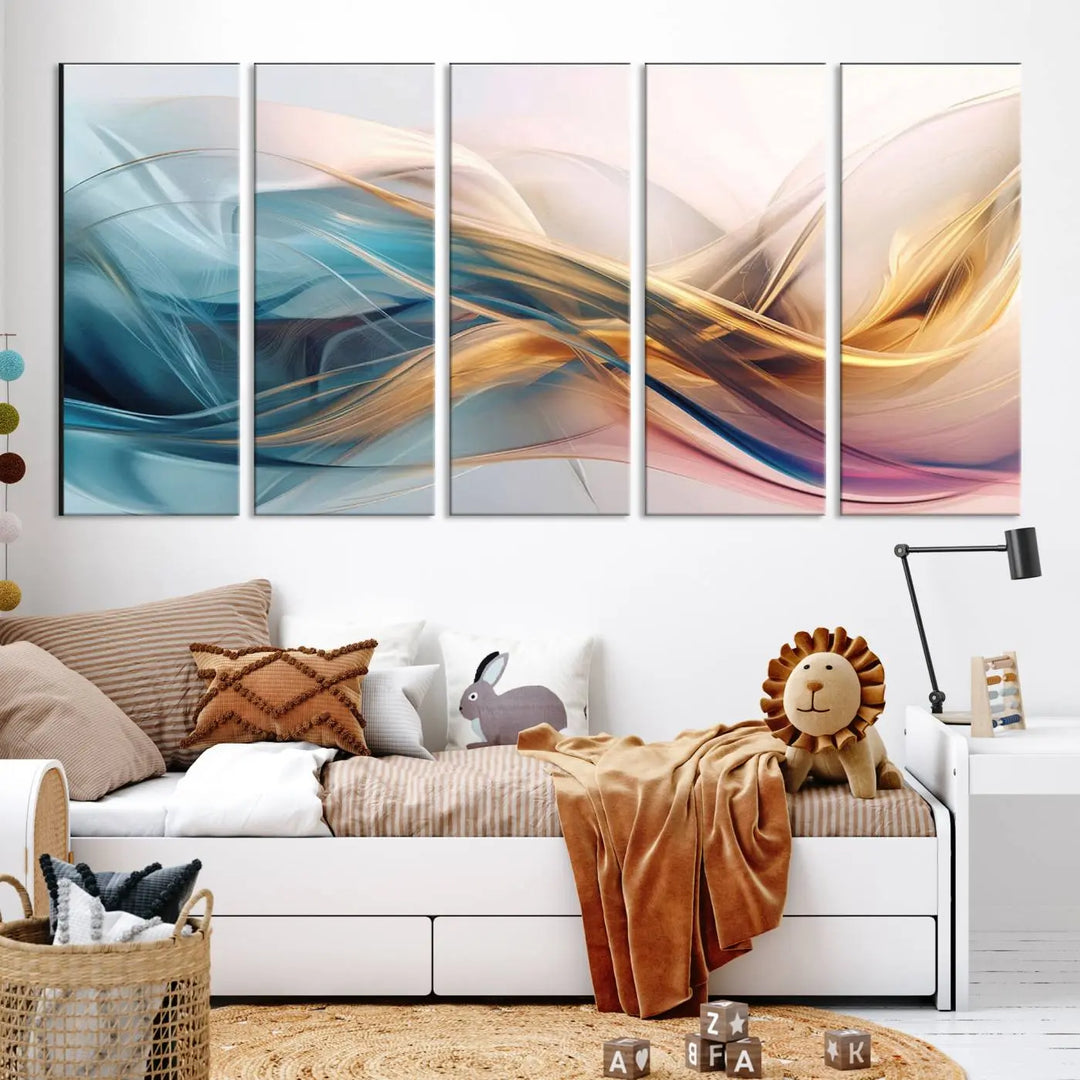 The Abstract Flowing Colors Wall Art, featuring swirling lines in blue, gold, and pink, brings a touch of modern elegance to the space. It's ideal for those who appreciate contemporary decor and want to make a bold statement.