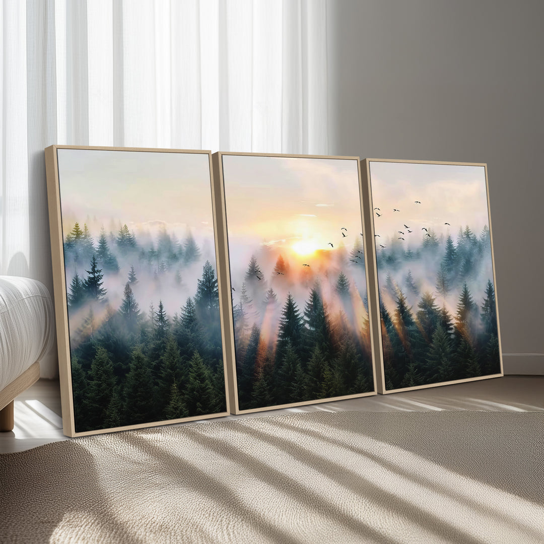 Sunrise over a misty forest with rays filtering through trees in the Abstract Forest Wall Art featuring soaring birds.