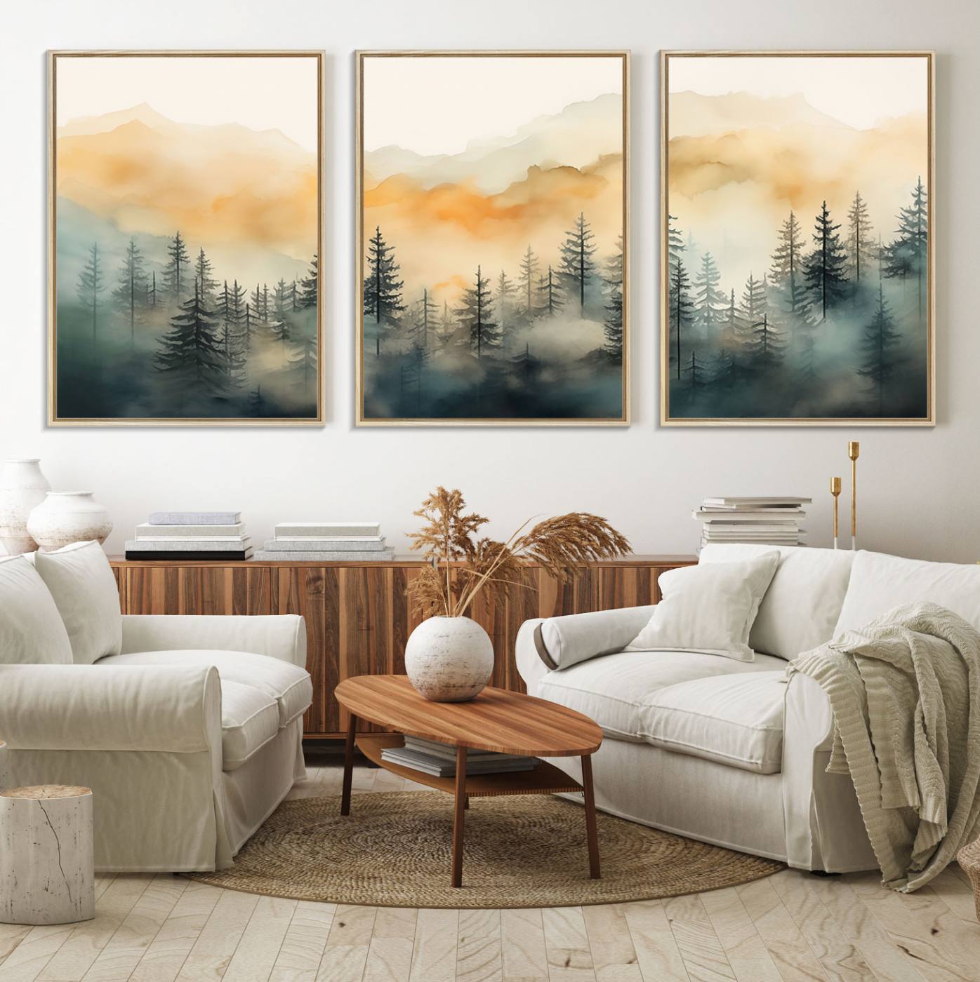 34155-MGV-FC-60X30-3P_Natural-Abstract Forest Print - Mountain Wall Art | Autumn Landscape Canvas Print for Living Room, Bedroom, or Office | Large Wall Art Decor