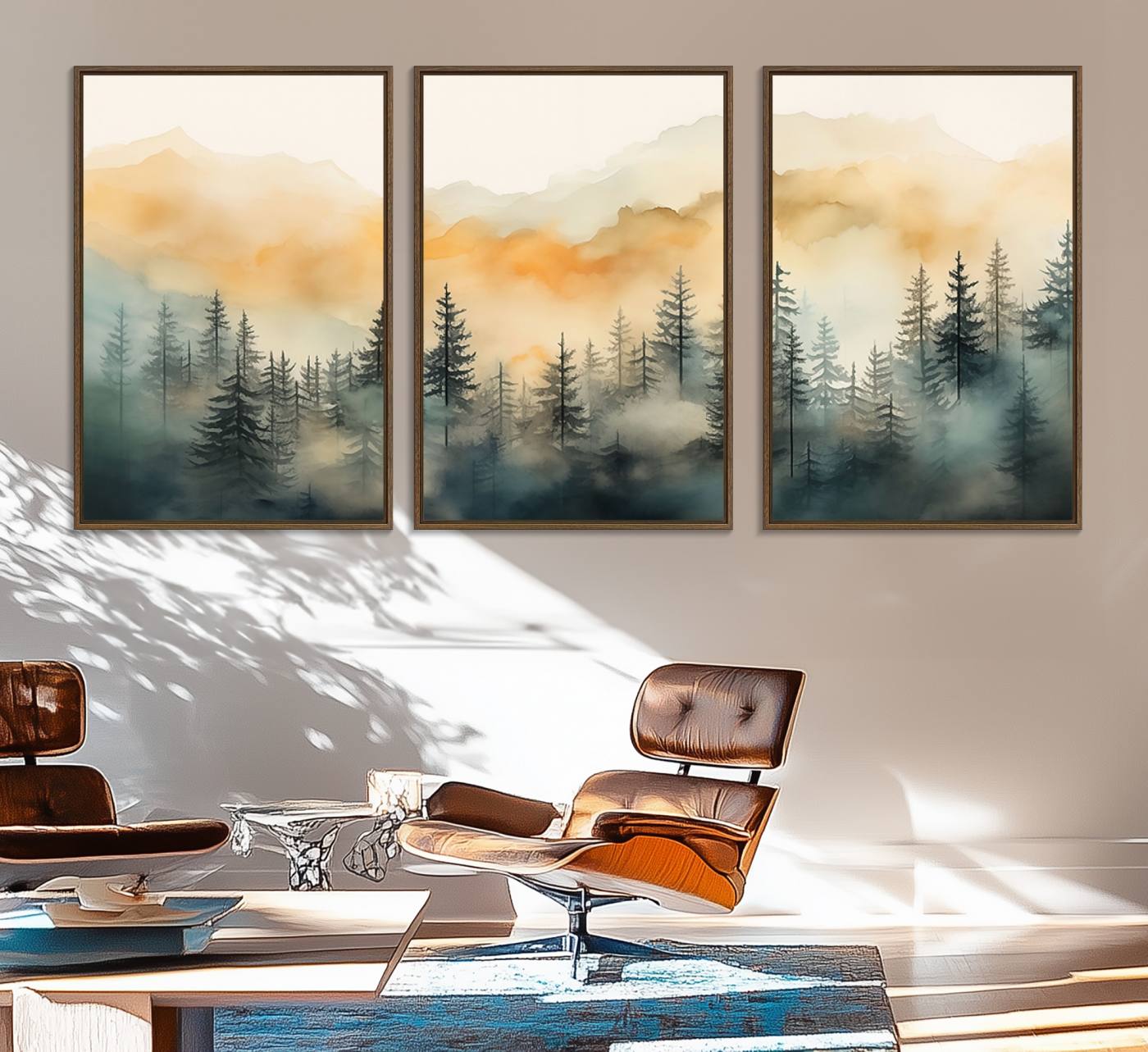 34155-MGV-FC-60X30-3P_Walnut-Abstract Forest Print - Mountain Wall Art | Autumn Landscape Canvas Print for Living Room, Bedroom, or Office | Large Wall Art Decor