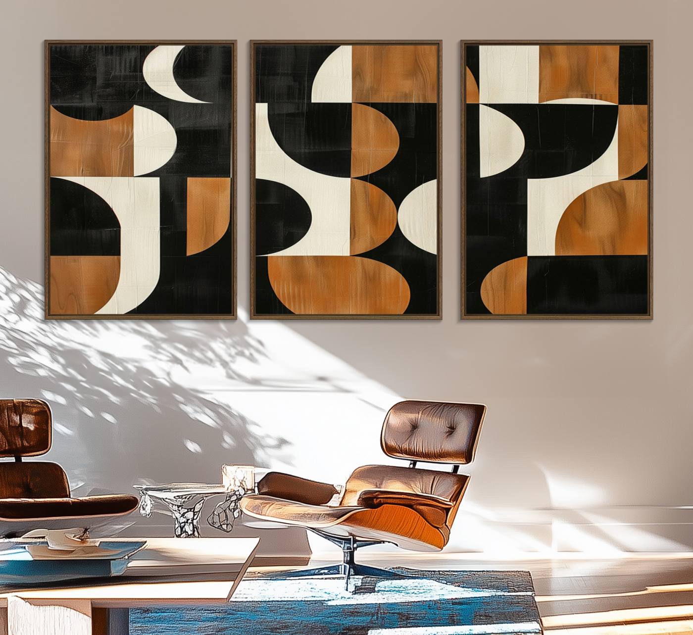 95169-MGV-FC-60X30-3P_Walnut-Abstract Geometric Wabi Sabi Wall Art Canvas Print Set – Minimalist Mid-Century Contemporary Artwork for Home, Office