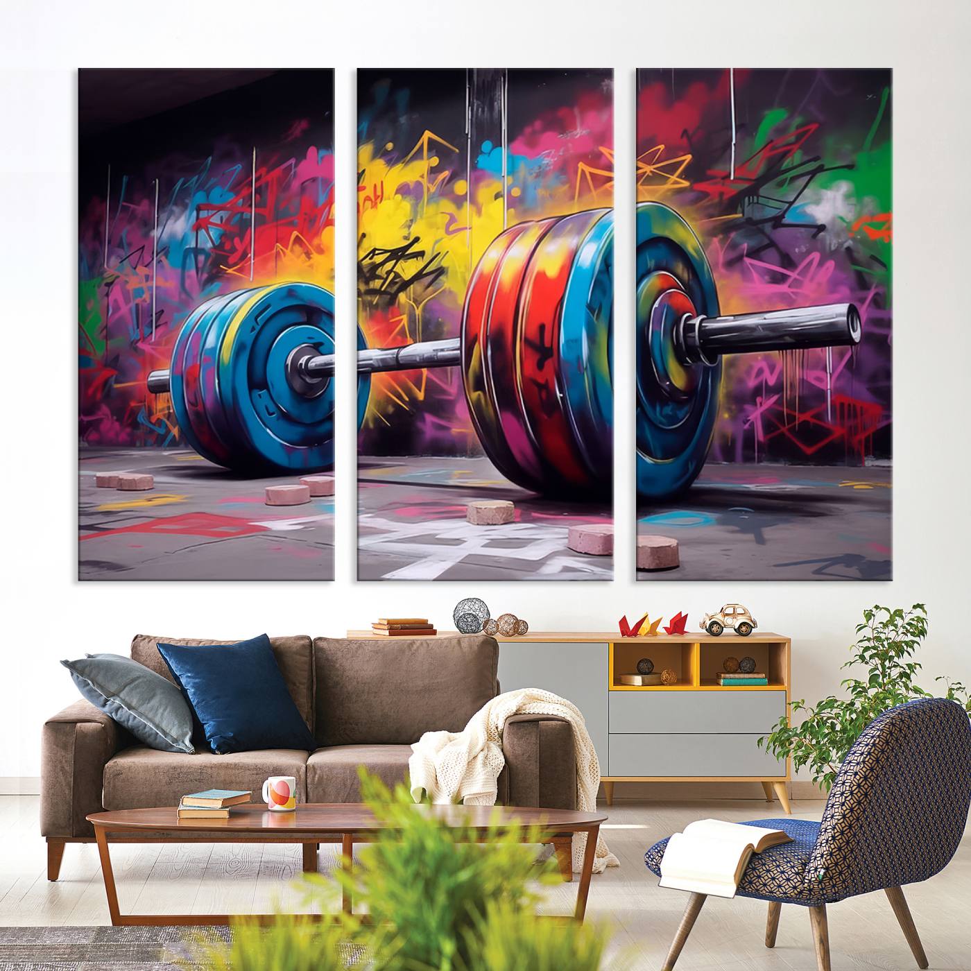Abstract Graffiti Barbell Canvas Wall Art – Urban Fitness Meets Bold Street Art Print - Gym Wall Art Print