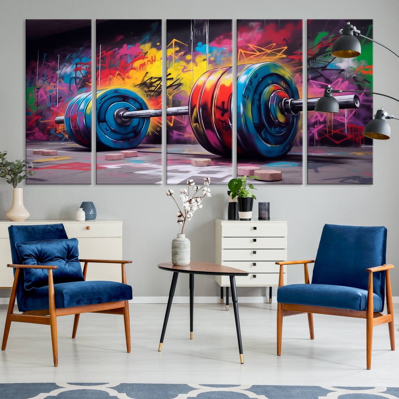 Abstract Graffiti Barbell Canvas Wall Art – Urban Fitness Meets Bold Street Art Print - Gym Wall Art Print