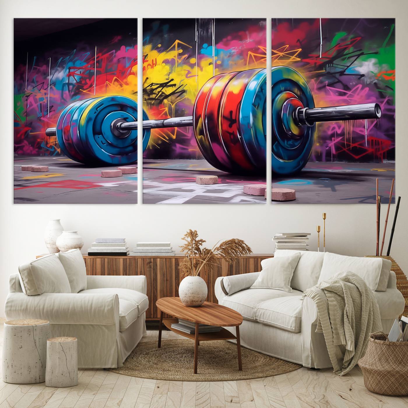 Abstract Graffiti Barbell Canvas Wall Art – Urban Fitness Meets Bold Street Art Print - Gym Wall Art Print