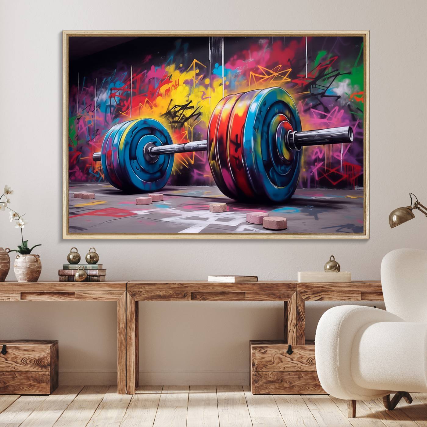 13549-MGV-FC-36X24_Natural-Abstract Graffiti Barbell Canvas Wall Art – Urban Fitness Meets Bold Street Art Print - Gym Wall Art Print