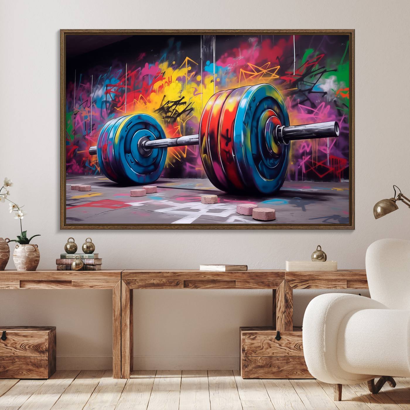 Abstract Graffiti Barbell Canvas Wall Art – Urban Fitness Meets Bold Street Art Print - Gym Wall Art Print