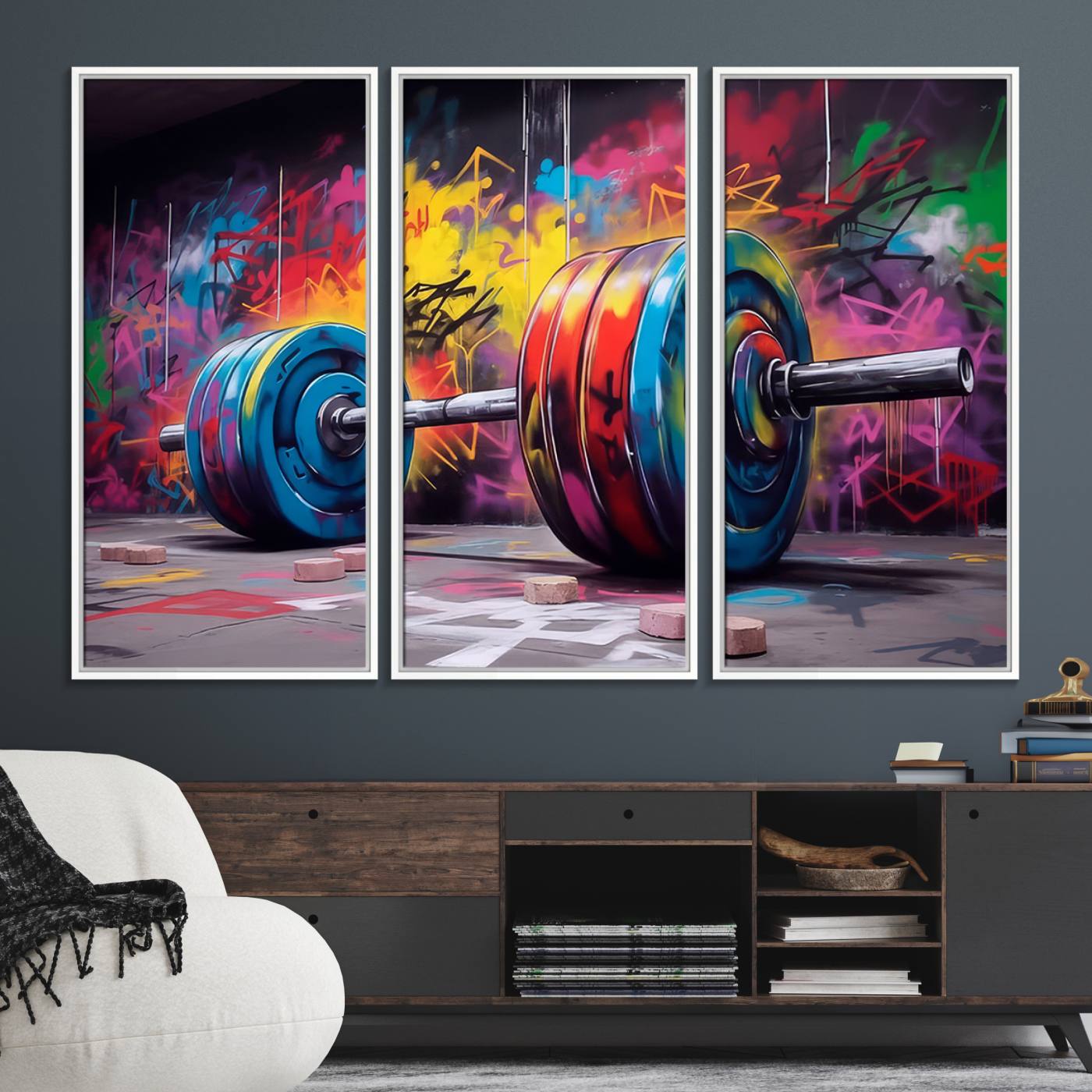13549-MGV-FC-48X32-3P_White-Abstract Graffiti Barbell Canvas Wall Art – Urban Fitness Meets Bold Street Art Print - Gym Wall Art Print