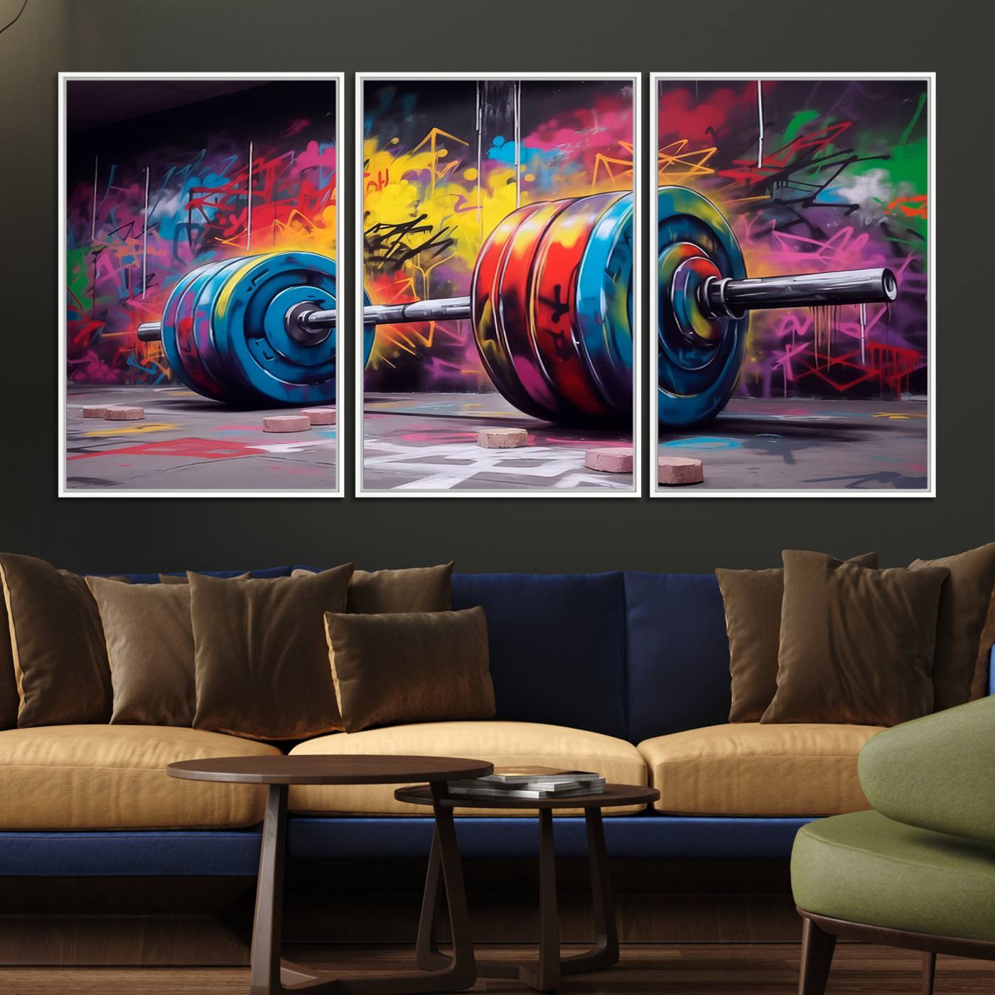 13549-MGV-FC-60X30-3P_White-Abstract Graffiti Barbell Canvas Wall Art – Urban Fitness Meets Bold Street Art Print - Gym Wall Art Print