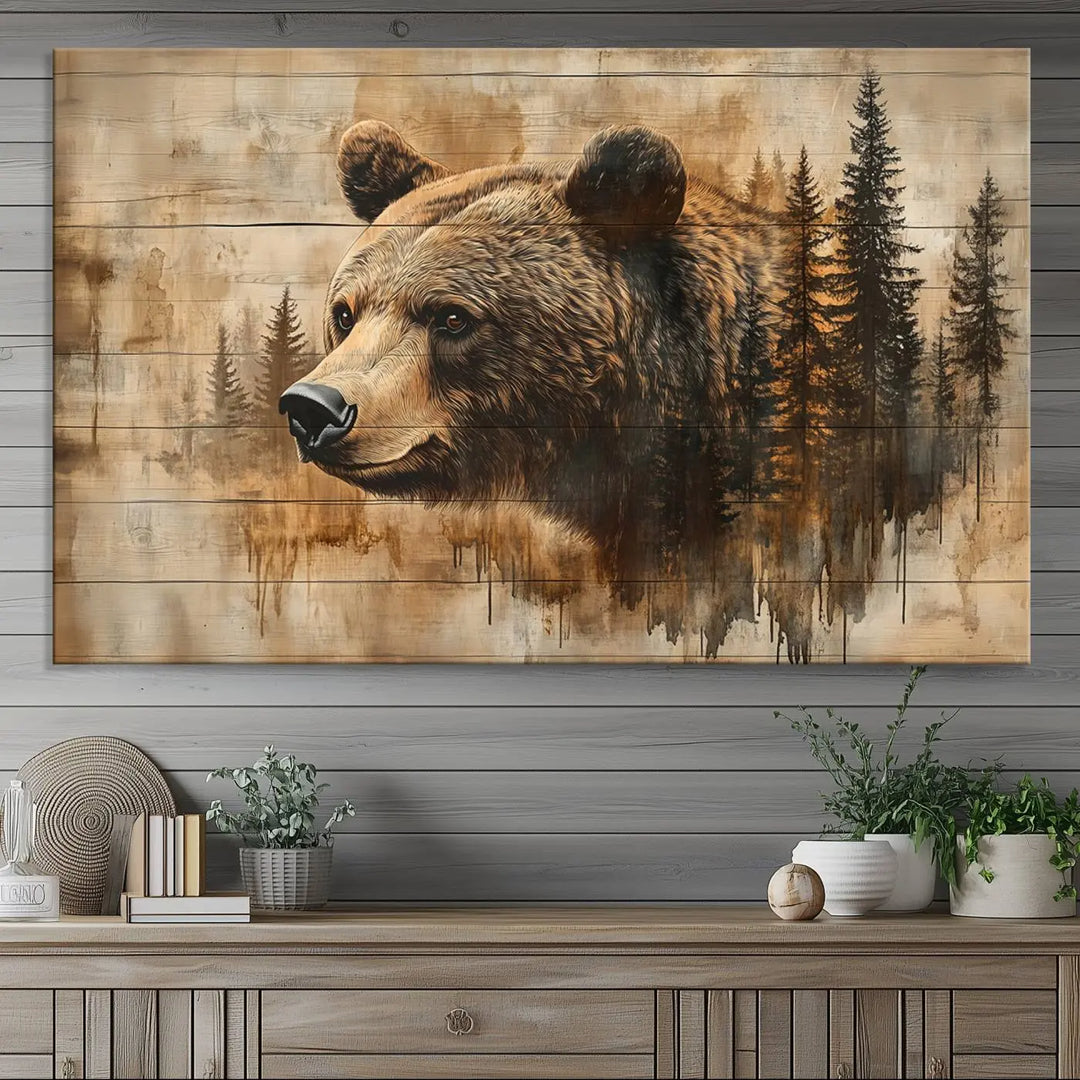 The Three-panel Abstract Grizzly 399 Bear Wall Art Canvas Print, depicting a bear and woodland scene, enriches the farmhouse decor with its wooden texture.