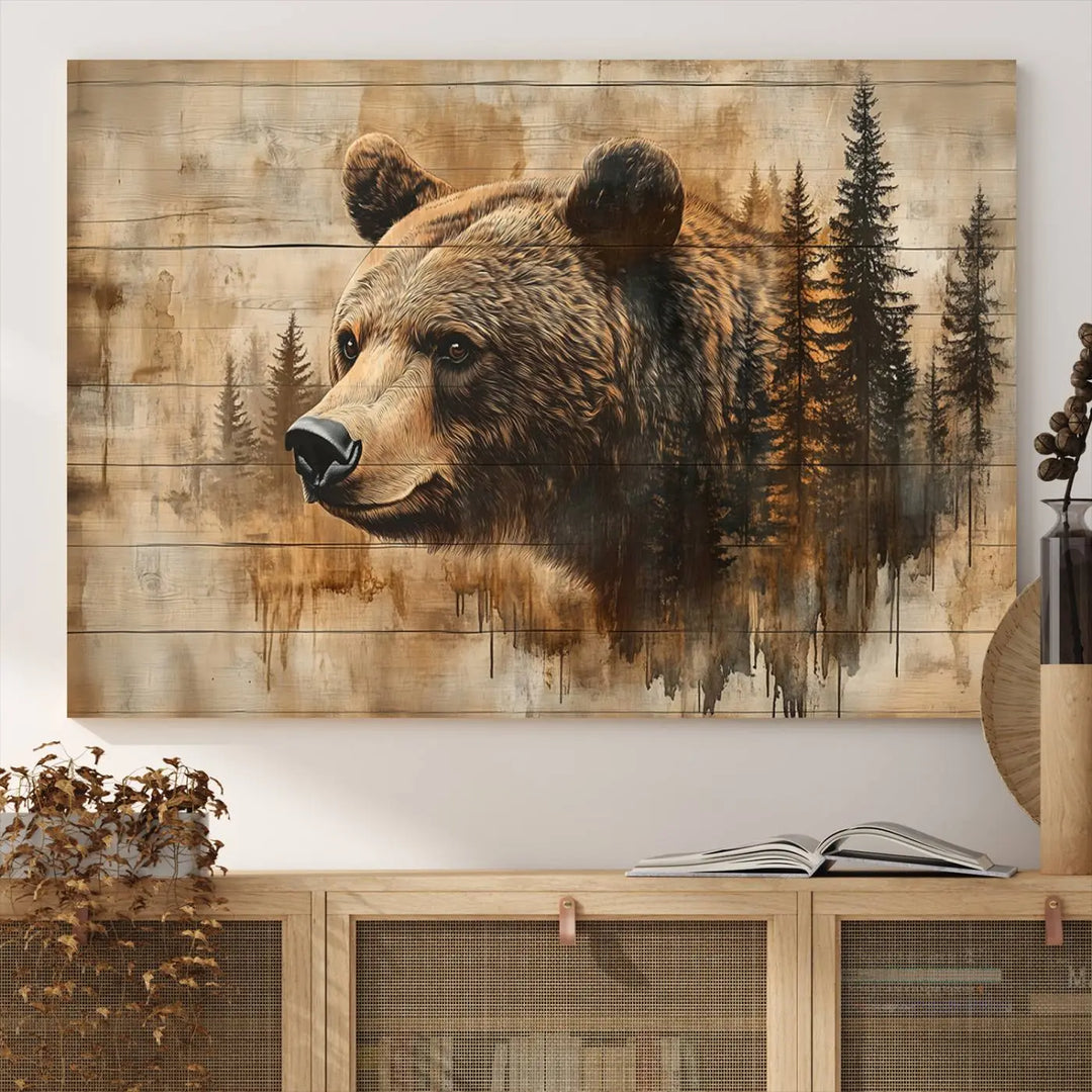 The Three-panel Abstract Grizzly 399 Bear Wall Art Canvas Print, depicting a bear and woodland scene, enriches the farmhouse decor with its wooden texture.