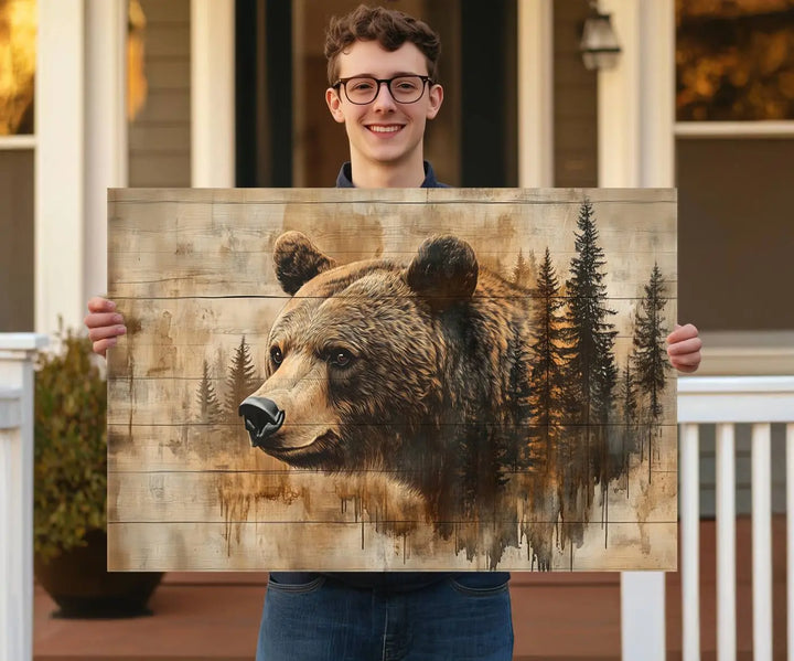 The Three-panel Abstract Grizzly 399 Bear Wall Art Canvas Print, depicting a bear and woodland scene, enriches the farmhouse decor with its wooden texture.