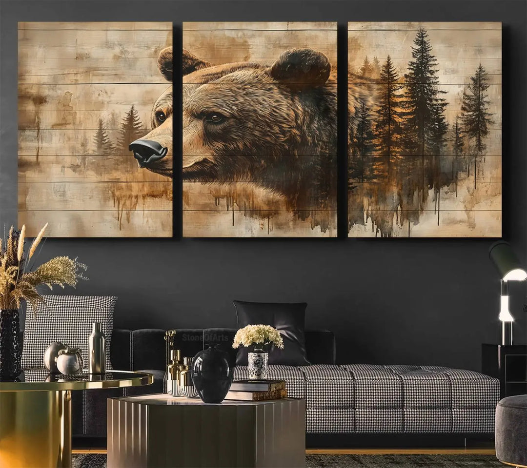 The Three-panel Abstract Grizzly 399 Bear Wall Art Canvas Print, depicting a bear and woodland scene, enriches the farmhouse decor with its wooden texture.