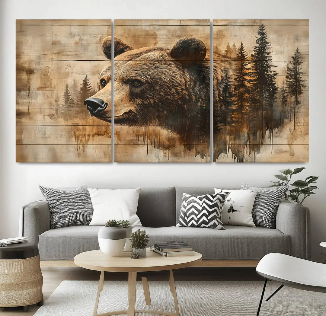 The Three-panel Abstract Grizzly 399 Bear Wall Art Canvas Print, depicting a bear and woodland scene, enriches the farmhouse decor with its wooden texture.