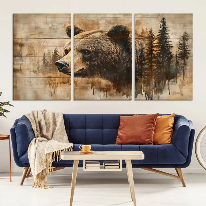 The Three-panel Abstract Grizzly 399 Bear Wall Art Canvas Print, depicting a bear and woodland scene, enriches the farmhouse decor with its wooden texture.