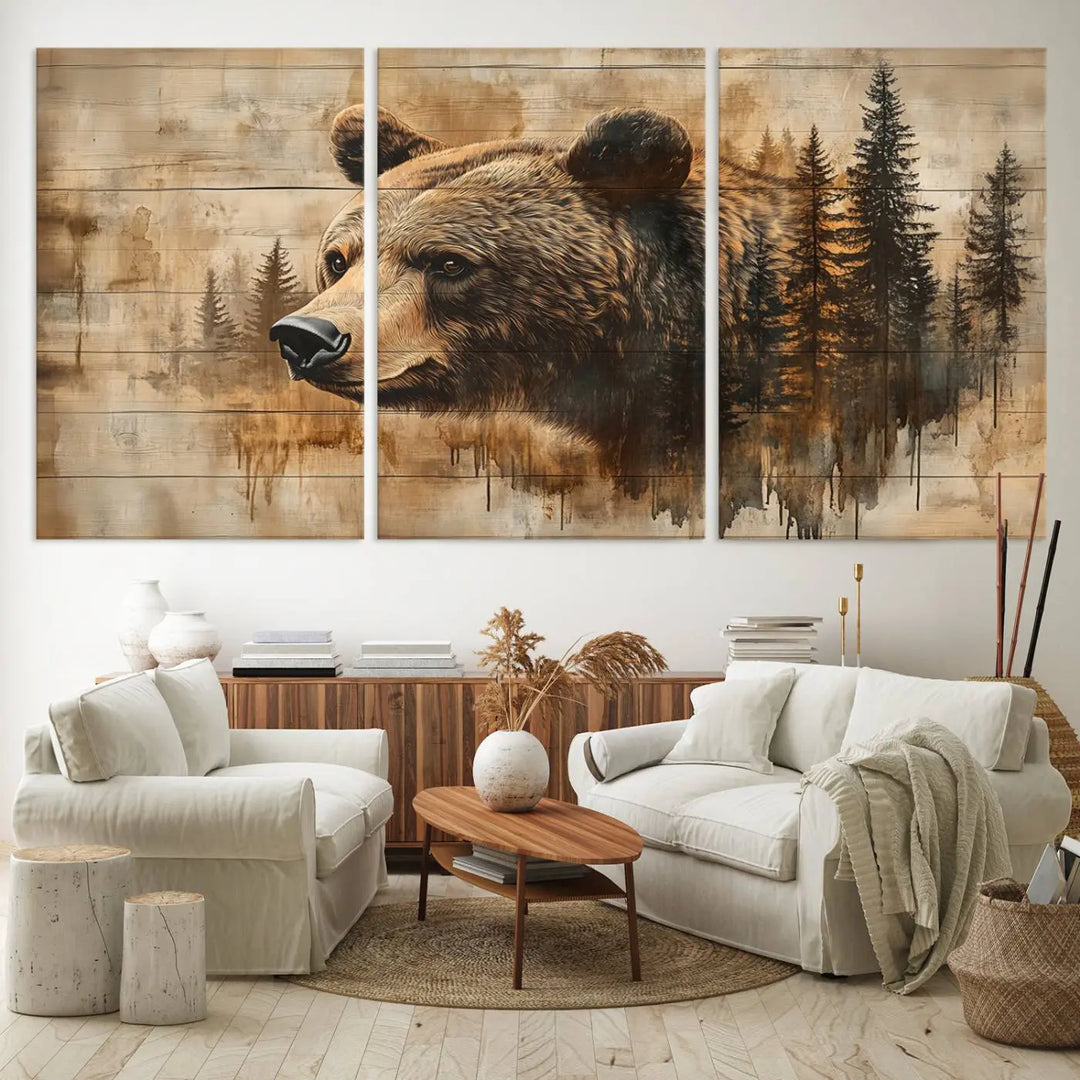 The Three-panel Abstract Grizzly 399 Bear Wall Art Canvas Print, depicting a bear and woodland scene, enriches the farmhouse decor with its wooden texture.