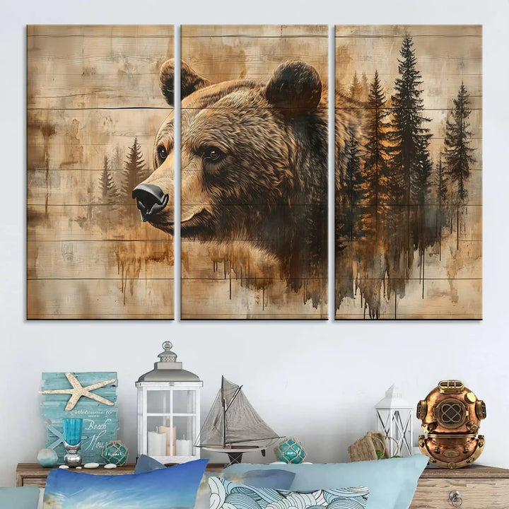 The Three-panel Abstract Grizzly 399 Bear Wall Art Canvas Print, depicting a bear and woodland scene, enriches the farmhouse decor with its wooden texture.