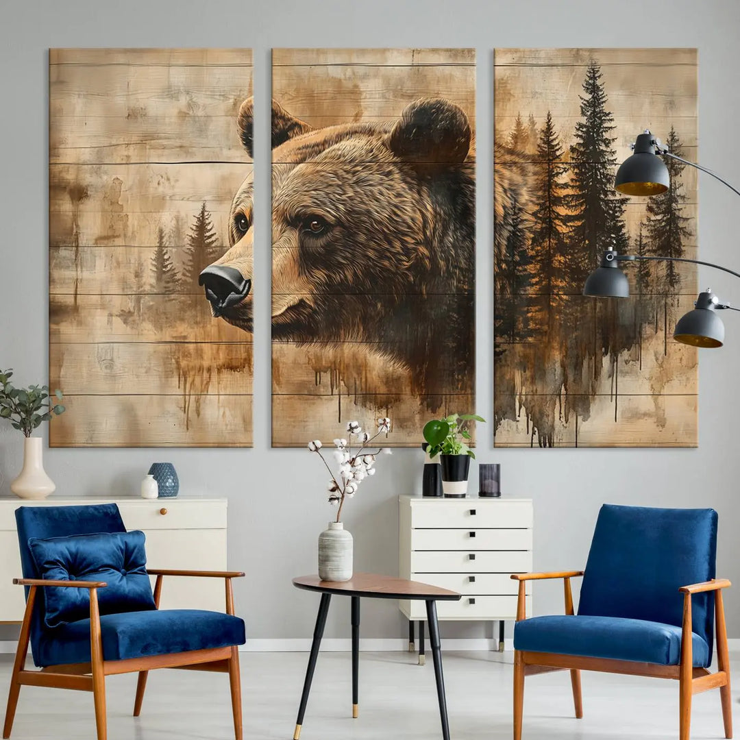 The Three-panel Abstract Grizzly 399 Bear Wall Art Canvas Print, depicting a bear and woodland scene, enriches the farmhouse decor with its wooden texture.