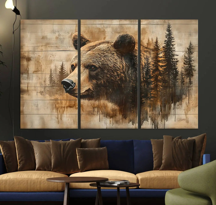 The Three-panel Abstract Grizzly 399 Bear Wall Art Canvas Print, depicting a bear and woodland scene, enriches the farmhouse decor with its wooden texture.