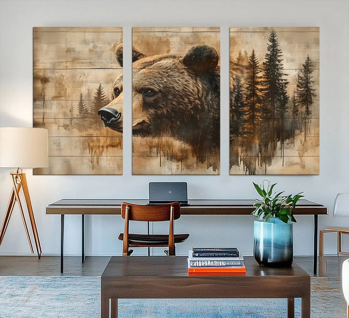 The Three-panel Abstract Grizzly 399 Bear Wall Art Canvas Print, depicting a bear and woodland scene, enriches the farmhouse decor with its wooden texture.