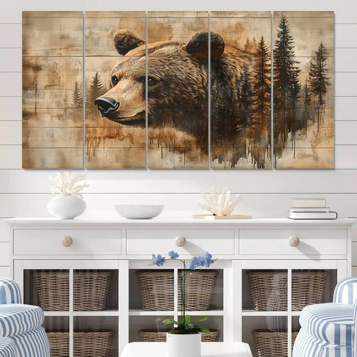 The Three-panel Abstract Grizzly 399 Bear Wall Art Canvas Print, depicting a bear and woodland scene, enriches the farmhouse decor with its wooden texture.