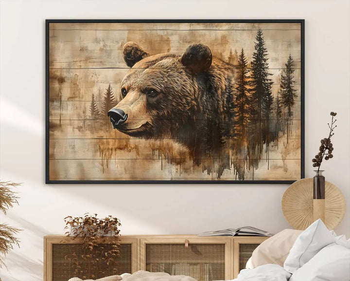 The Three-panel Abstract Grizzly 399 Bear Wall Art Canvas Print, depicting a bear and woodland scene, enriches the farmhouse decor with its wooden texture.