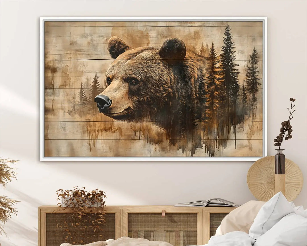 The Three-panel Abstract Grizzly 399 Bear Wall Art Canvas Print, depicting a bear and woodland scene, enriches the farmhouse decor with its wooden texture.