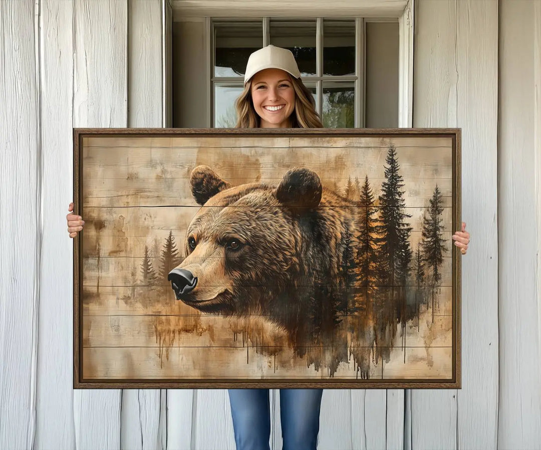 The Three-panel Abstract Grizzly 399 Bear Wall Art Canvas Print, depicting a bear and woodland scene, enriches the farmhouse decor with its wooden texture.