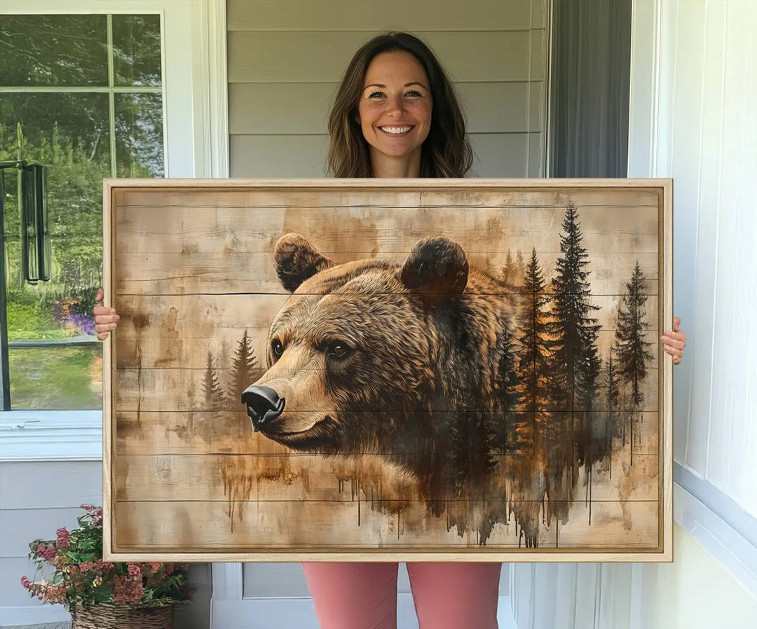 The Three-panel Abstract Grizzly 399 Bear Wall Art Canvas Print, depicting a bear and woodland scene, enriches the farmhouse decor with its wooden texture.