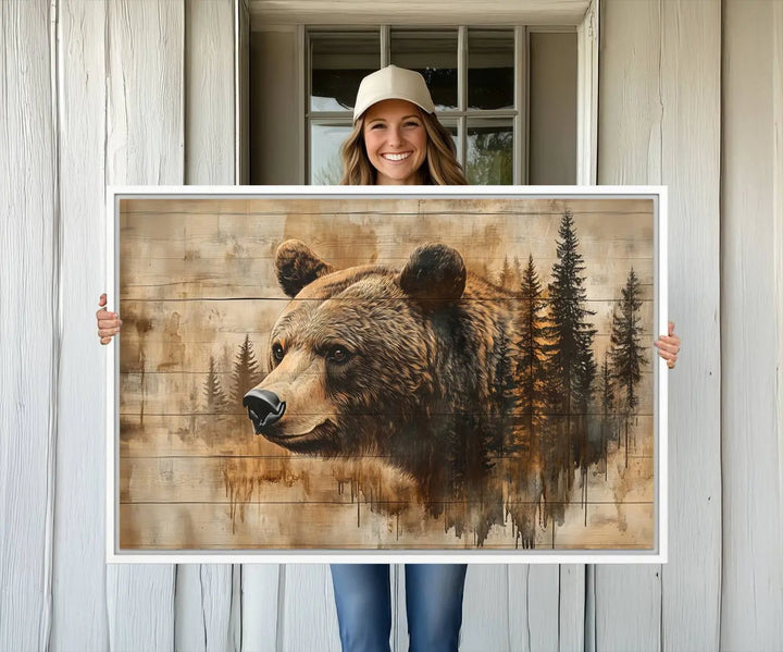 The Three-panel Abstract Grizzly 399 Bear Wall Art Canvas Print, depicting a bear and woodland scene, enriches the farmhouse decor with its wooden texture.