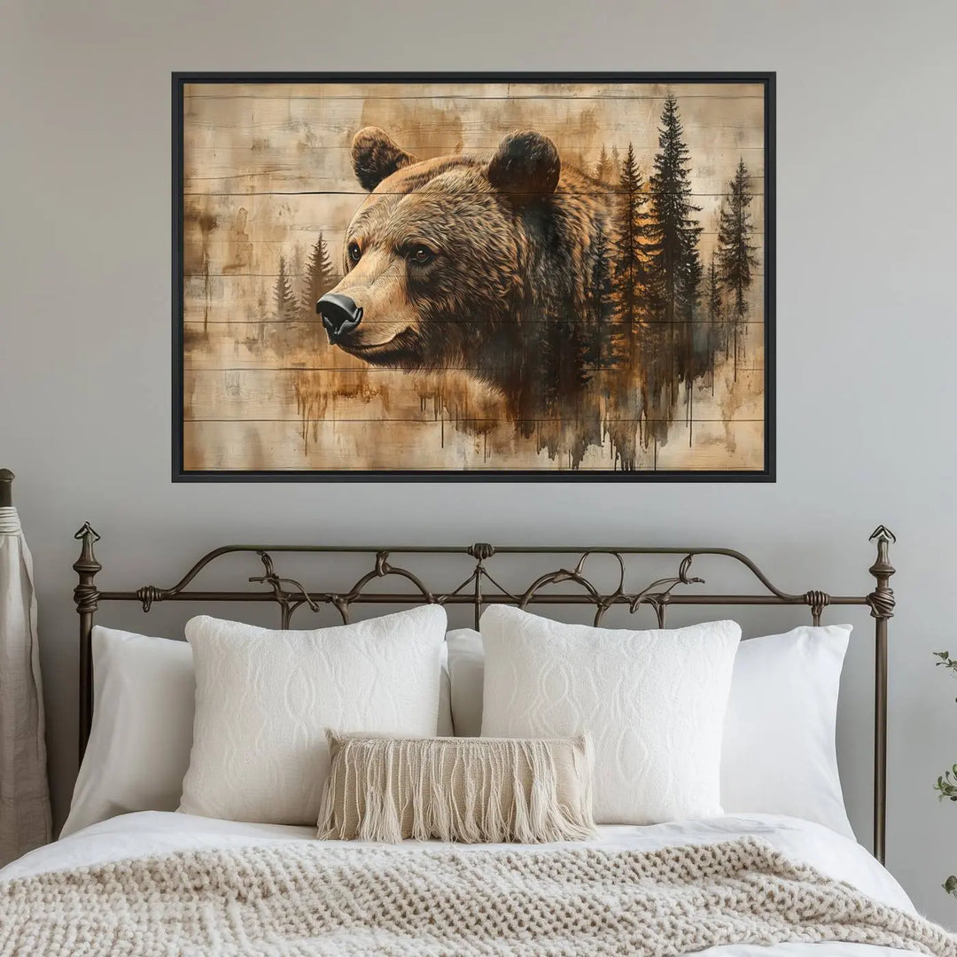 The Three-panel Abstract Grizzly 399 Bear Wall Art Canvas Print, depicting a bear and woodland scene, enriches the farmhouse decor with its wooden texture.