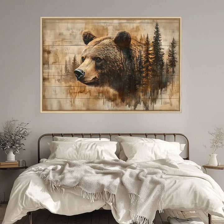 The Three-panel Abstract Grizzly 399 Bear Wall Art Canvas Print, depicting a bear and woodland scene, enriches the farmhouse decor with its wooden texture.