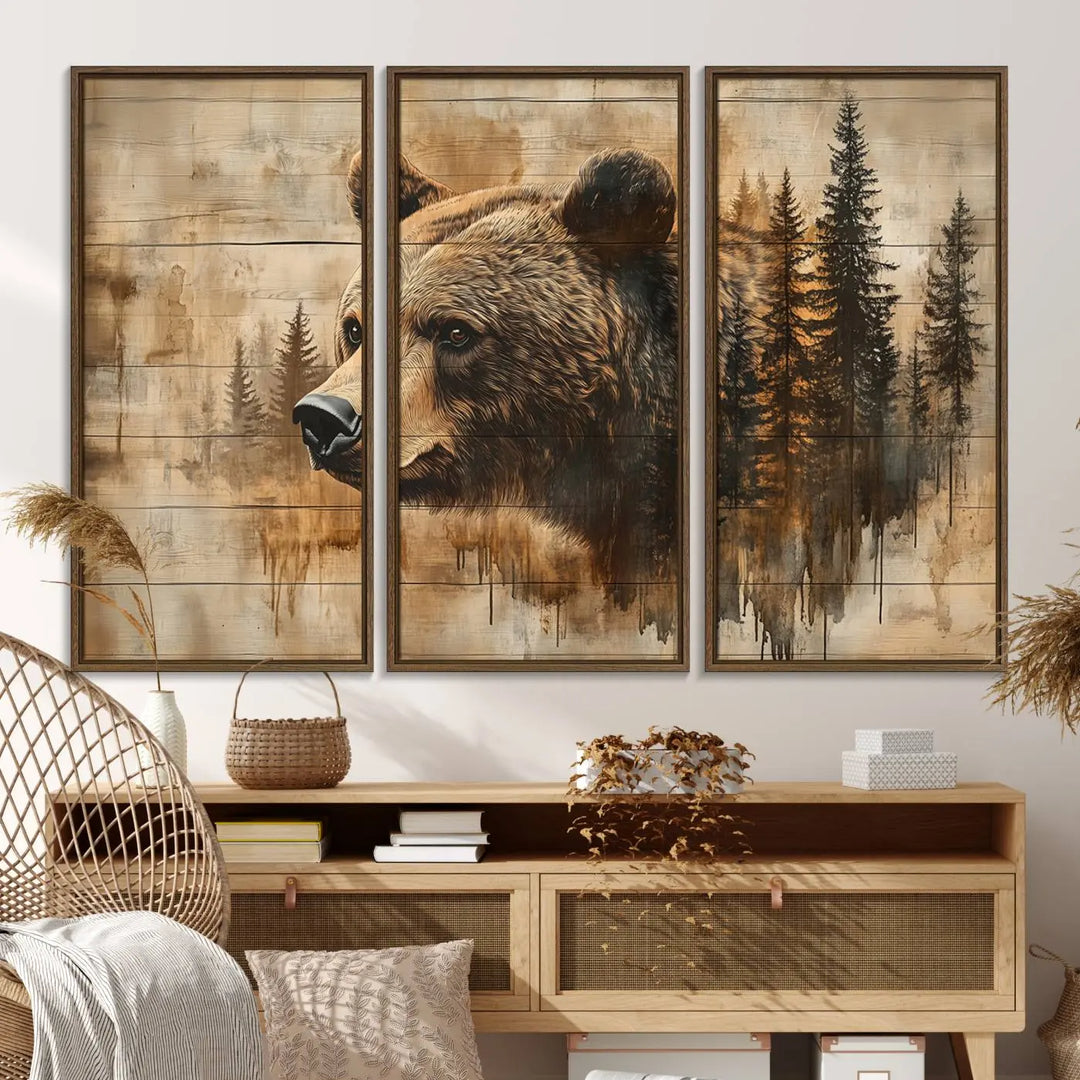 The Three-panel Abstract Grizzly 399 Bear Wall Art Canvas Print, depicting a bear and woodland scene, enriches the farmhouse decor with its wooden texture.