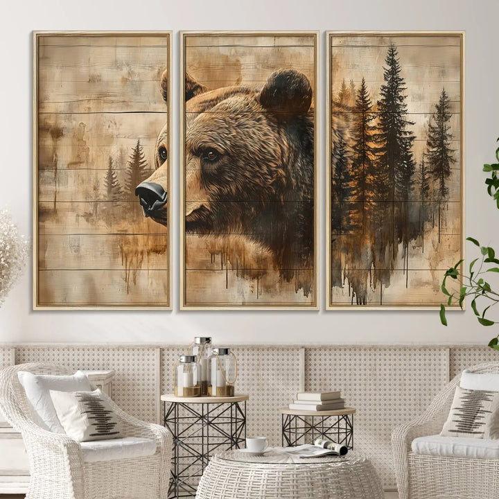 The Three-panel Abstract Grizzly 399 Bear Wall Art Canvas Print, depicting a bear and woodland scene, enriches the farmhouse decor with its wooden texture.