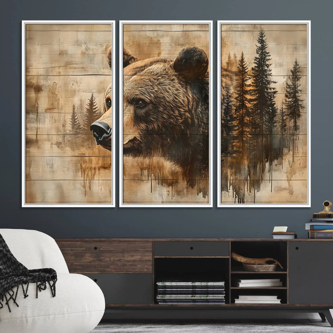 The Three-panel Abstract Grizzly 399 Bear Wall Art Canvas Print, depicting a bear and woodland scene, enriches the farmhouse decor with its wooden texture.