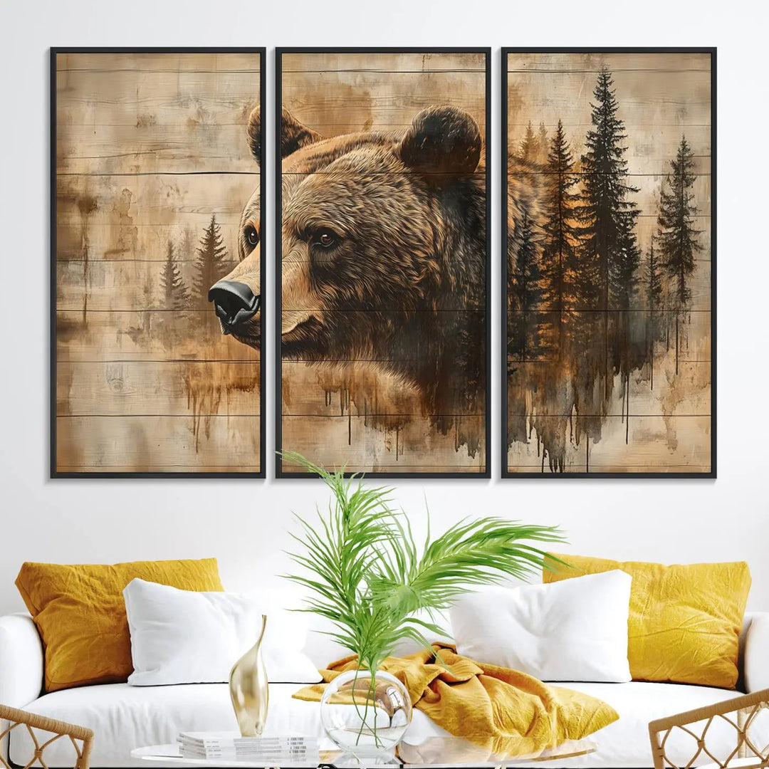 The Three-panel Abstract Grizzly 399 Bear Wall Art Canvas Print, depicting a bear and woodland scene, enriches the farmhouse decor with its wooden texture.