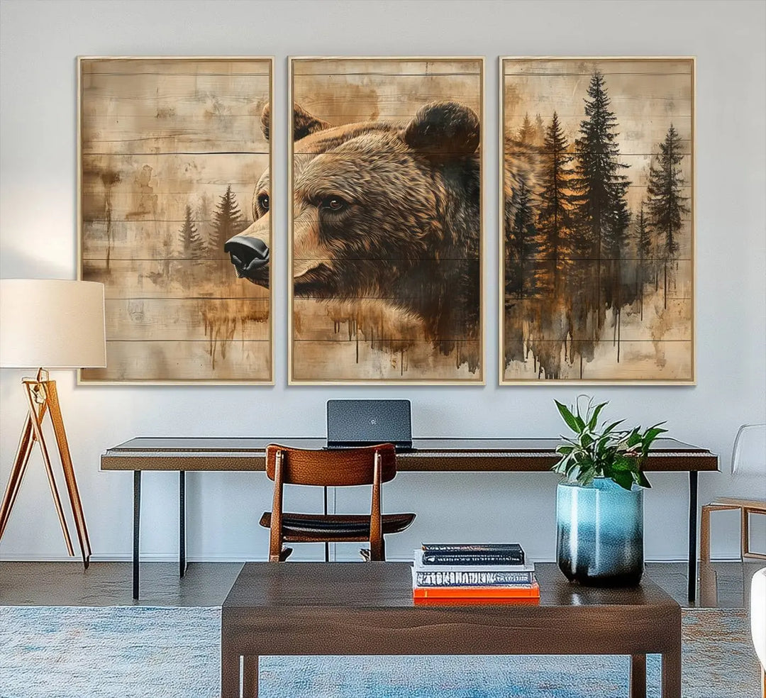 The Three-panel Abstract Grizzly 399 Bear Wall Art Canvas Print, depicting a bear and woodland scene, enriches the farmhouse decor with its wooden texture.