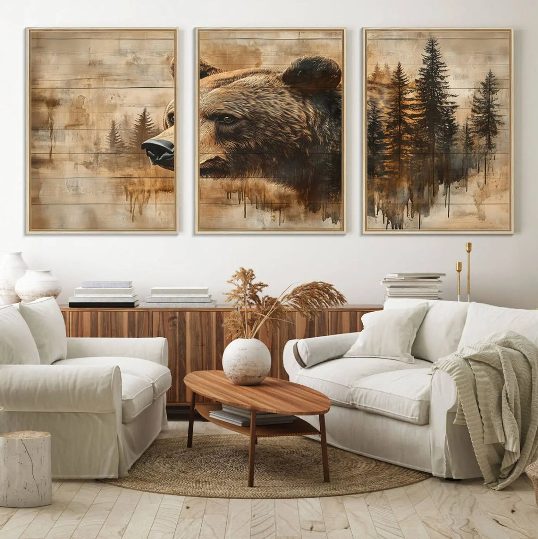 The Three-panel Abstract Grizzly 399 Bear Wall Art Canvas Print, depicting a bear and woodland scene, enriches the farmhouse decor with its wooden texture.