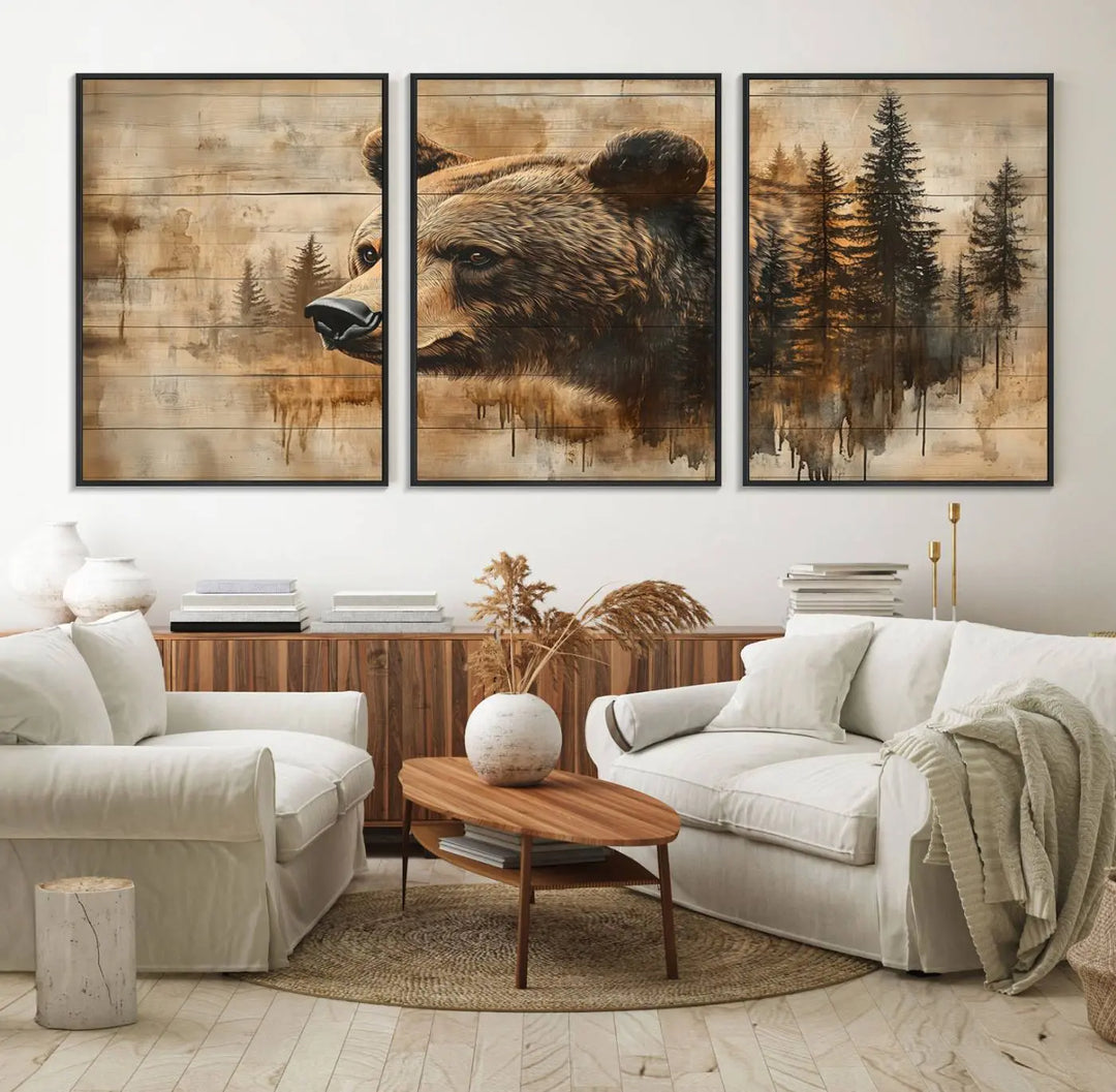 The Three-panel Abstract Grizzly 399 Bear Wall Art Canvas Print, depicting a bear and woodland scene, enriches the farmhouse decor with its wooden texture.