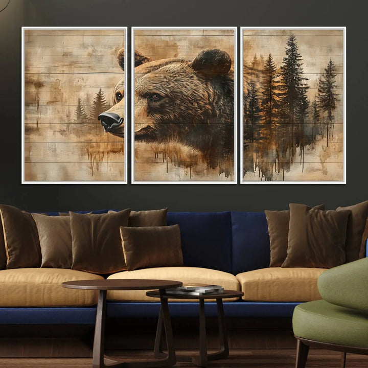 The Three-panel Abstract Grizzly 399 Bear Wall Art Canvas Print, depicting a bear and woodland scene, enriches the farmhouse decor with its wooden texture.