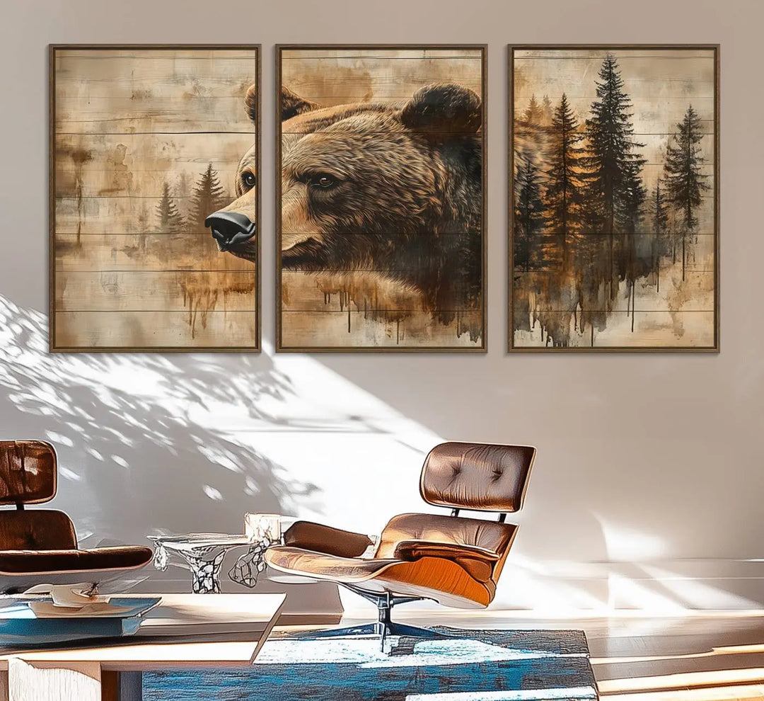 The Three-panel Abstract Grizzly 399 Bear Wall Art Canvas Print, depicting a bear and woodland scene, enriches the farmhouse decor with its wooden texture.