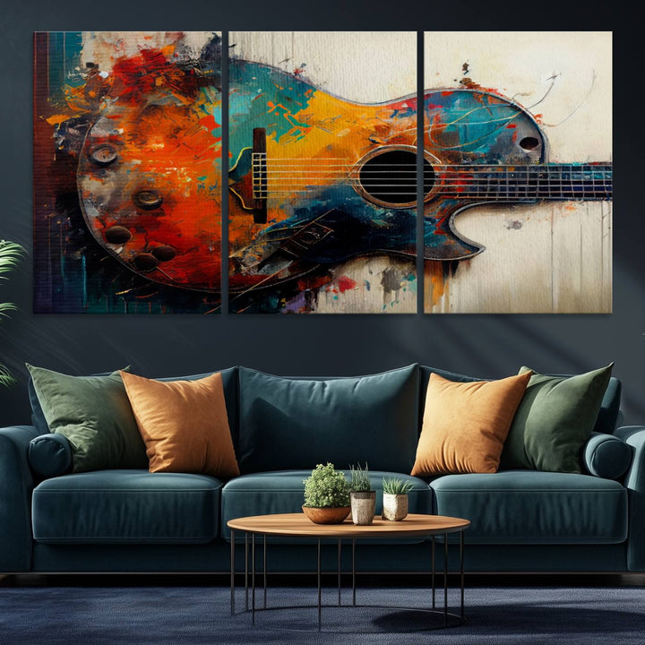 Abstract Guitar Wall Art Canvas | Vibrant Music-Inspired Art for Living Room or Studio | Colorful Music Decor Canvas Print