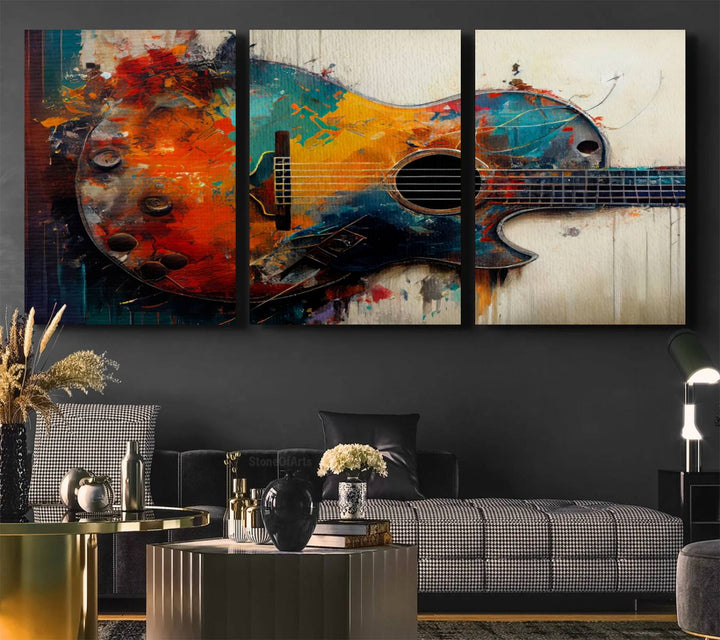 Abstract Guitar Wall Art Canvas | Vibrant Music-Inspired Art for Living Room or Studio | Colorful Music Decor Canvas Print